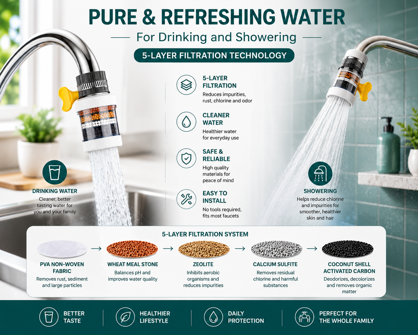 Mist Flow Water Filter - 5 Stage Filtration - Fits Any Tap